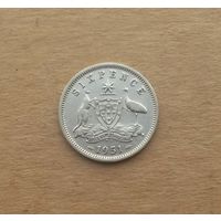 Австралия, 6 пенсов 1951 г., серебро 0.500, Георг VI (1936-1952), без титула императора
