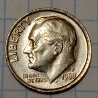 США 10 центов 1989 P Брак, раскол штемпеля.