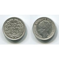 Нидерланды. 10 центов (1938, серебро, XF)