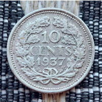 Нидерланды 10 центов 1937 года. Королева Вильгельмина. Серебро.