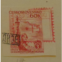 Национальная зимняя спартакиада. Оттиск марки с печатью.  Чехословакия.  Дата выпуска:1955-01-20