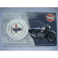2 доллара монета Острова Кука 2007 год Легендарные мотоциклы Мотоцикл Серебряный Ястреб 1931 MATCHLESS SILVER HAWK  Серебро 999