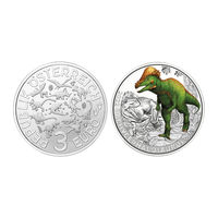 3 Евро Австрия 2022. 11-я из 12-ти монет Серия "Супер Динозавры" Пахицефалозавр /Pachycephalosaurus/ - динозавр с самым толстым черепом. Цветная светящаяся монета