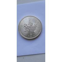 5 долларов 2014 года Канада. Серебро 999. Кленовый лист /маленький лист под большим/.
