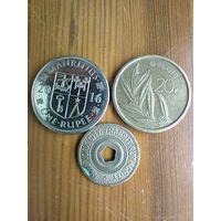 Маврикий 1 рупия 2016, Бельгия 20 франков 1980, токен с отверстием  -13