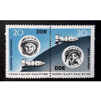 ГДР 1963 г. Космос. Восток-5, Восток-6, полная серия из 2 марок, сцепка. Чистые #0059-Ч1