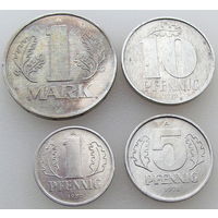 ГДР, 4 монеты: 1 марка, 1, 5 и 10 пфеннигов, состояние XF.
