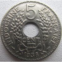 1к Индокитай 5 сантимов 1938 ТОРГ уместен  (KM# 18.1a) распродажа коллеции