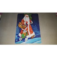 С новым годом Лебедев открытка СССР 1978 Дед Мороз елка подарки и заяц зайка зайчик и магнитофон приемник радио
