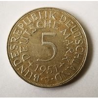 ФРГ 5 марок 1951 год, Германия  серебро. J   СТАРТ 5 руб!!!